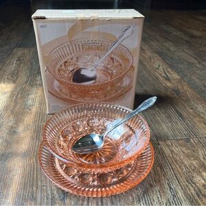 Vintage Indiana Glass "Peach Ballard",Sauce/Dressing Set w/Server, New
